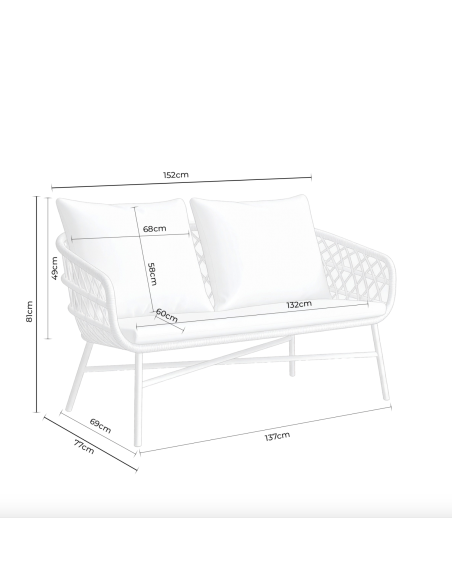Conjunto de Jardín NYDE 4 Piezas / Sofá + Sillones + Mesa de Centro, Cuerda Beige / Metal Negro