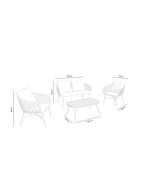 Conjunto de Jardín NYDE 4 Piezas / Sofá + Sillones + Mesa de Centro, Cuerda Beige / Metal Negro