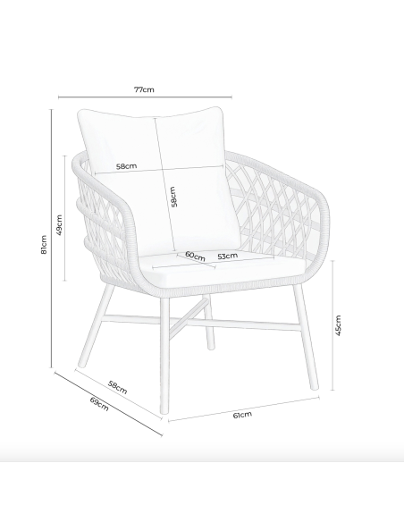 Conjunto de Jardín NYDE 4 Piezas / Sofá + Sillones + Mesa de Centro, Cuerda Beige / Metal Blanco