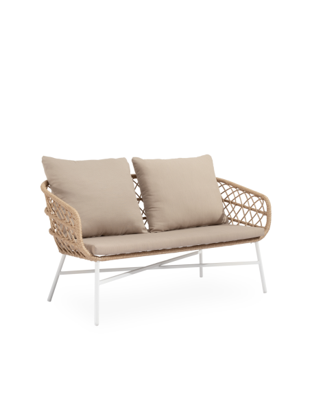 Conjunto de Jardín NYDE 4 Piezas / Sofá + Sillones + Mesa de Centro, Cuerda Beige / Metal Blanco