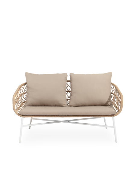 Conjunto de Jardín NYDE 4 Piezas / Sofá + Sillones + Mesa de Centro, Cuerda Beige / Metal Blanco