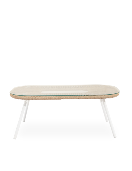 Conjunto de Jardín NYDE 4 Piezas / Sofá + Sillones + Mesa de Centro, Cuerda Beige / Metal Blanco