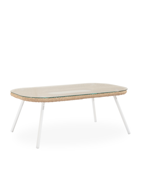 Conjunto de Jardín NYDE 4 Piezas / Sofá + Sillones + Mesa de Centro, Cuerda Beige / Metal Blanco