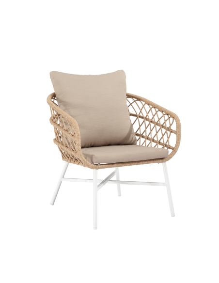 Conjunto de Jardín NYDE 4 Piezas / Sofá + Sillones + Mesa de Centro, Cuerda Beige / Metal Blanco