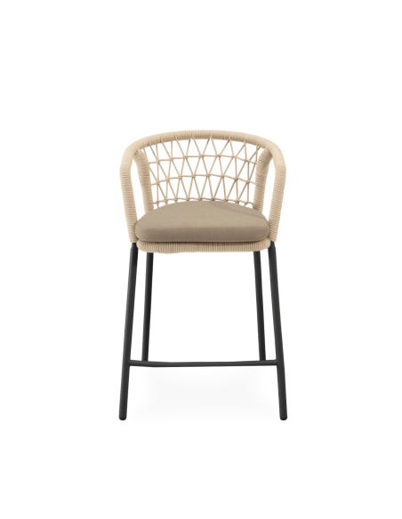 Taburete Alto Exterior WELLS 65 cm, Metal Negro / Cuerda Beige