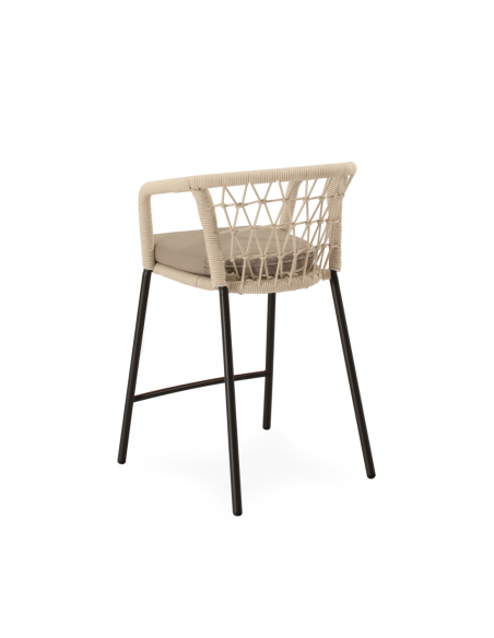 Taburete Alto Exterior WELLS 65 cm, Metal Negro / Cuerda Beige