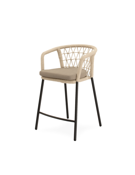 Taburete Alto Exterior WELLS 65 cm, Metal Negro/Cuerda Beige - Vackart