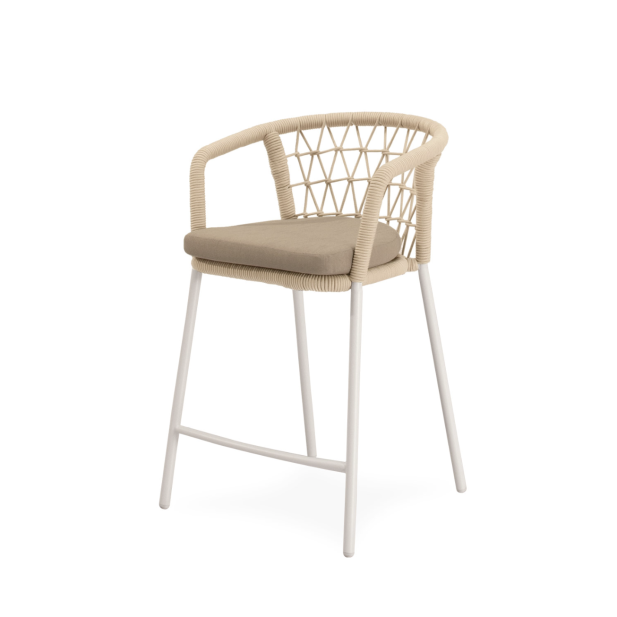 Taburete Alto Exterior WELLS 65 cm, Metal Blanco/Cuerda Beige - Vackart