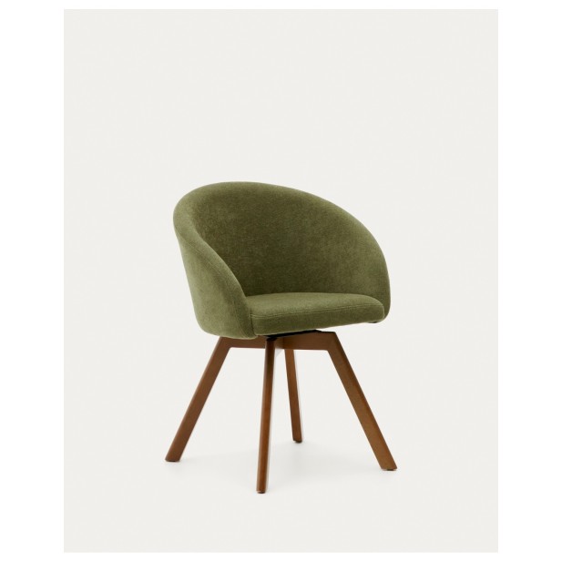 Silla giratoria Marvin chenilla verde y patas de madera maciza de haya acabado nogal FSC 100% - Kave Home