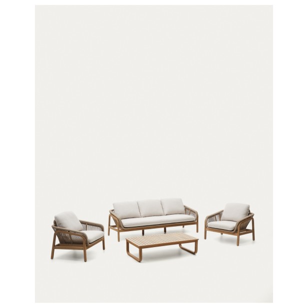 Set Vellana sofá 3 plazas, 2 sillones y mesa centro madera maciza acacia FSC 100% cuerda beige - Kave Home