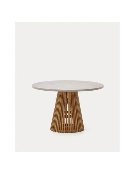Mesa redonda de exterior Alcaufar de madera maciza de teca y cemento gris Ø 120 cm - Kave Home