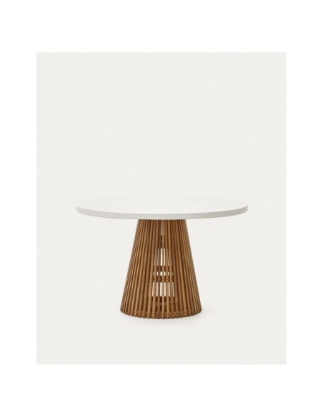 Mesa redonda de exterior Alcaufar de madera maciza de teca y cemento blanco Ø 120 cm - Kave Home