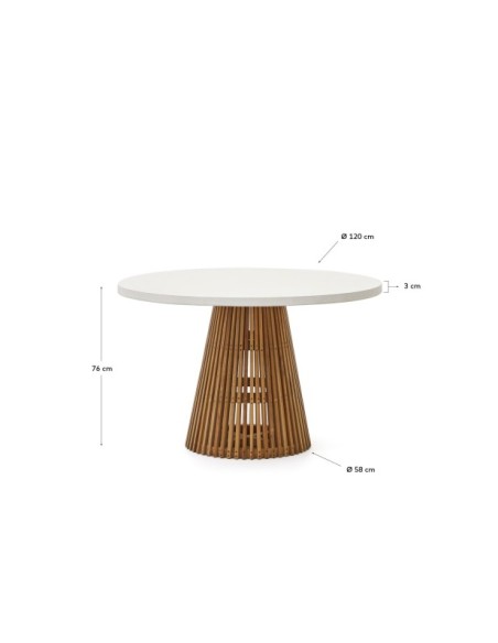 Mesa redonda de exterior Alcaufar de madera maciza de teca y cemento blanco Ø 120 cm - Kave Home