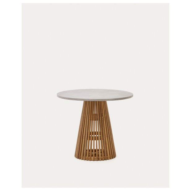 Mesa redonda de exterior Alcaufar de madera maciza de teca y cemento gris Ø 90 cm - Kave Home
