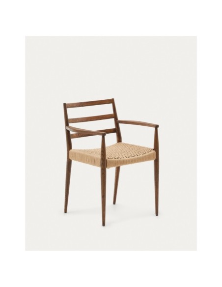 Silla Analy con reposabrazos madera maciza de roble acabado nogal asiento cuerda FSC 100% - Kave Home