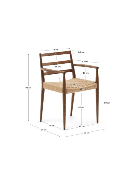 Silla Analy con reposabrazos madera maciza de roble acabado nogal asiento cuerda FSC 100% - Kave Home