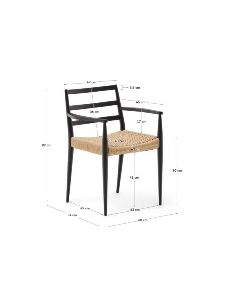 Silla Analy con reposabrazos madera maciza de roble acabado negro asiento cuerda FSC 100% - Kave Home