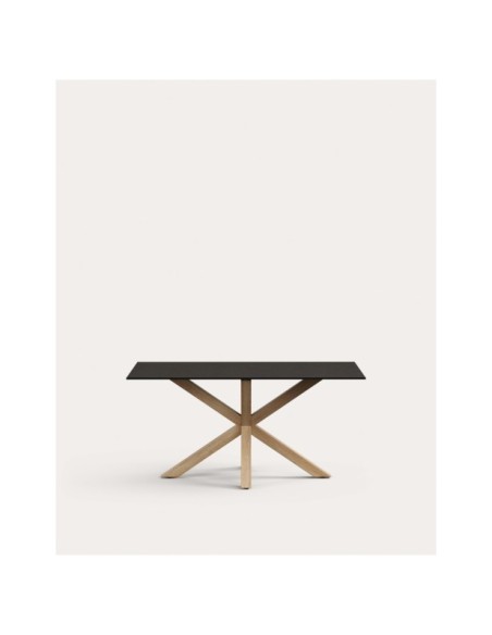 Mesa Argo de cristal negro mate y patas de acero con efecto madera 160 x 90 cm - Kave Home