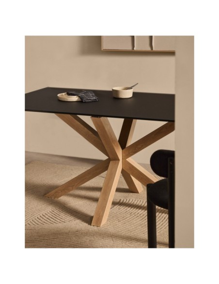 Mesa Argo de cristal negro mate y patas de acero con efecto madera 160 x 90 cm - Kave Home