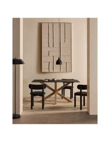 Mesa Argo de cristal negro mate y patas de acero con efecto madera 160 x 90 cm - Kave Home