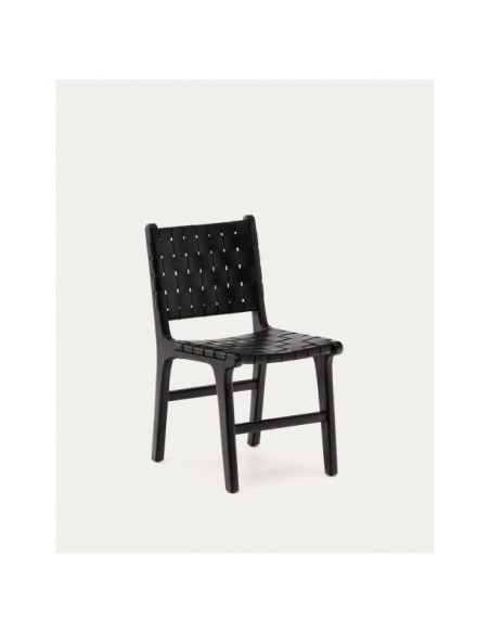 Silla Calixta de piel y madera maciza de caoba con acabado negro - Kave Home