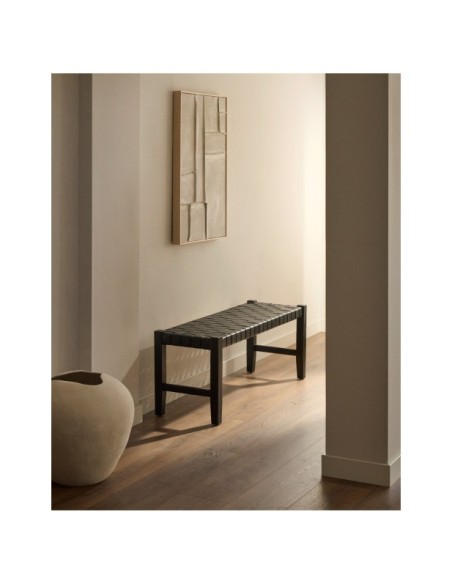 Banco Calixta de piel y madera maciza de caoba con acabado negro 120 cm - Kave Home