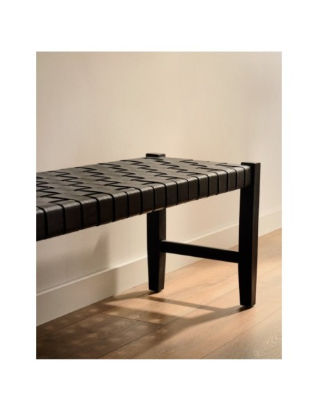 Banco Calixta de piel y madera maciza de caoba con acabado negro 120 cm - Kave Home