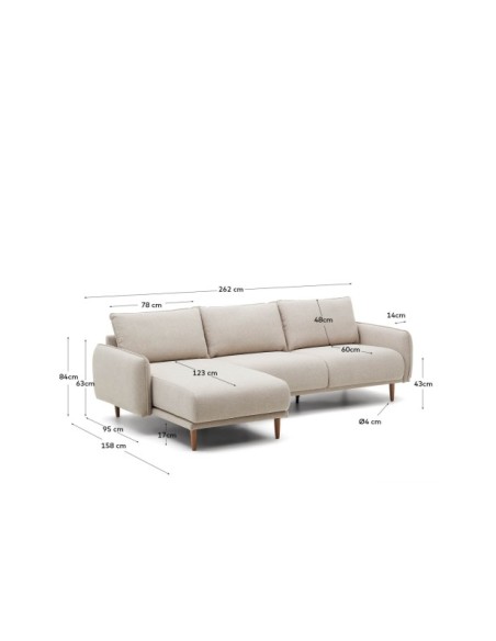 Sofá Carlota 3 plazas con chaise longue derecho/izquierdo beige 262 cm FSC Mix Credit - Kave Home