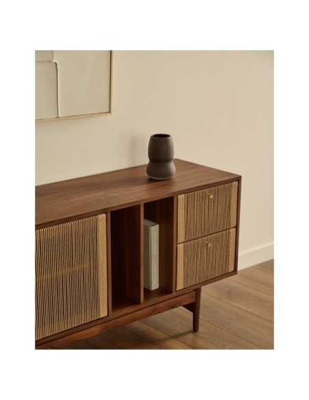 Aparador Elan 2 puertas y 2 cajones chapa y madera maciza nogal y cuerda 180x73cm FSC Mix Credit - Kave Home