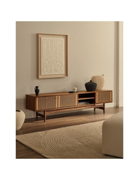 Mueble TV Elan 3 puertas chapa y madera maciza nogal cuerda 200 x 50 cm FSC Mix Credit - Kave Home