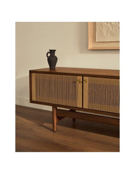 Mueble TV Elan 3 puertas chapa y madera maciza nogal cuerda 200 x 50 cm FSC Mix Credit - Kave Home