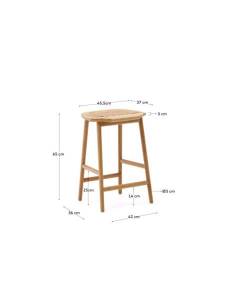 Taburete Enit de cuerda papel beige y madera maciza de roble acabado natural 65cm FSC Mix Credit - Kave Home