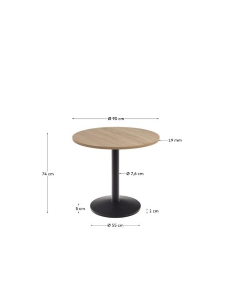 Mesa redonda Esilda melamina acabado natural pie metal con acabado pintado negro Ø90x70cm - Kave Home
