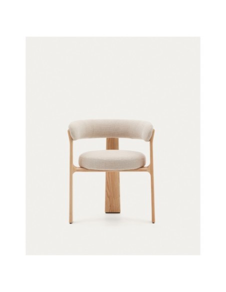 Silla Granite de 3 patas de chenilla beige y madera maciza fresno acabado natural FSC 100% - Kave Home