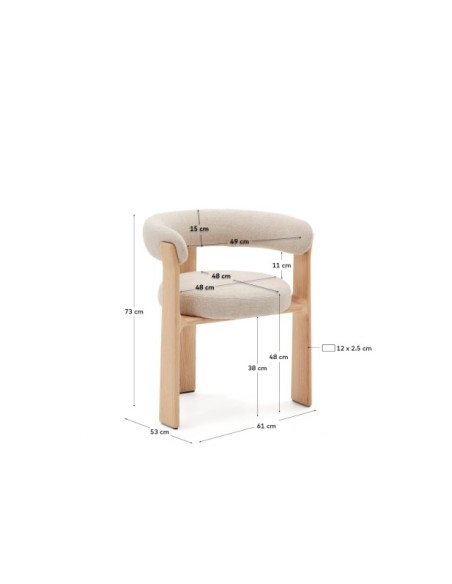 Silla Granite de 3 patas de chenilla beige y madera maciza fresno acabado natural FSC 100% - Kave Home