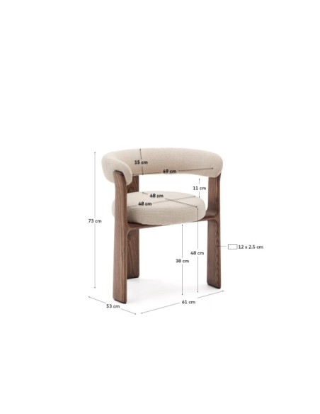 Silla Granite de 3 patas de chenilla beige y madera maciza fresno acabado nogal FSC 100% - Kave Home