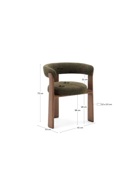 Silla Granite de 3 patas de chenilla verde y madera maciza fresno acabado nogal FSC 100% - Kave Home