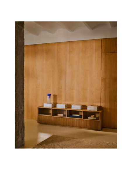 Mueble TV Helvine 4 puertas y 2 cajones chapa de roble y cristal templado 200x54cm FSC 100% - Kave Home