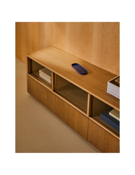 Mueble TV Helvine 4 puertas y 2 cajones chapa de roble y cristal templado 200x54cm FSC 100% - Kave Home