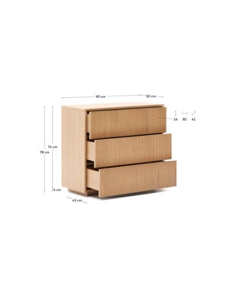 Cómoda Helvine 3 cajones de chapa de roble 90 x 78 cm FSC 100% - Kave Home