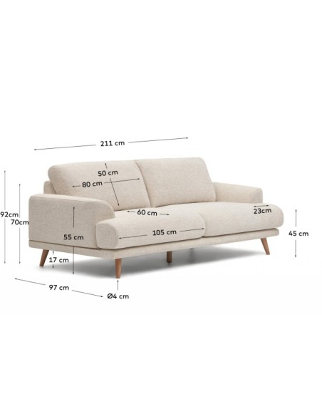 Sofá Karin 2 plazas de chenilla beige y patas de madera maciza de haya 210 cm - Kave Home