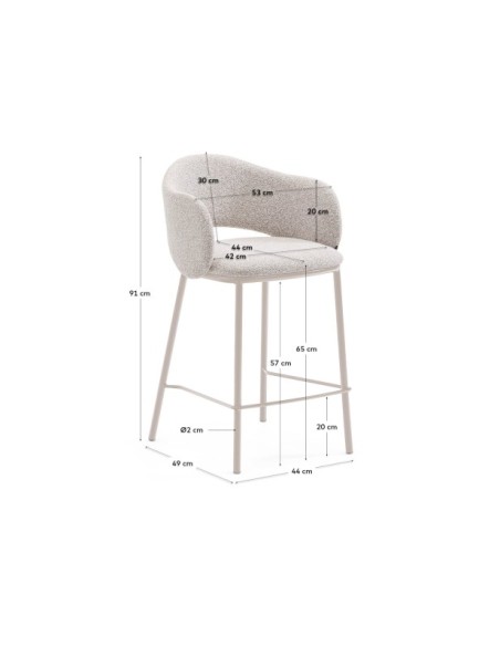 Taburete Maina chenilla gruesa beige y patas de acero acabado beige FSC Mix Credit 65 cm - Kave Home