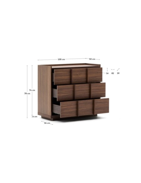 Cómoda Onix 3 con cajones de chapa de nogal con acabado oscuro 100 x 78 cm FSC Mix Credit - Kave Home