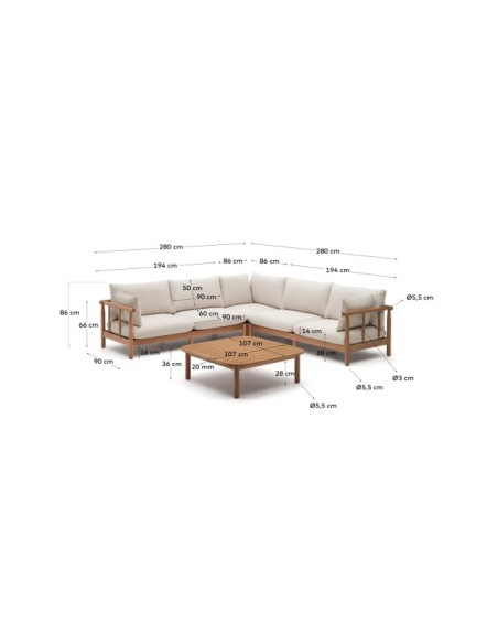 Set Sacova de sofá rinconero 5 plazas y mesa de centro de madera maciza eucalipto FSC 100% - Kave Home