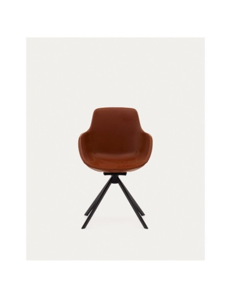 Silla giratoria autoretorno Tissiana piel sintética marrón acero negro mate - Kave Home