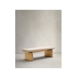 Banco Topaz de chenilla beige y madera maciza de fresno...