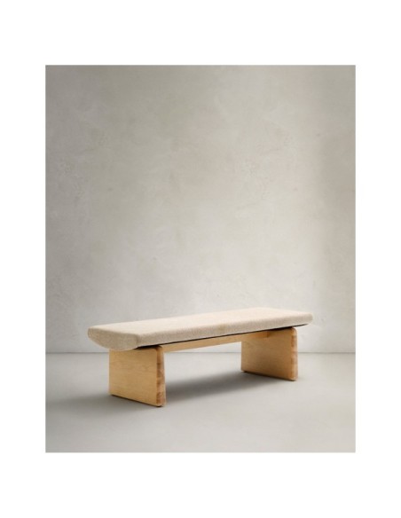 Banco Topaz de chenilla beige y madera maciza de fresno con acabado natural 150cm FSC 100% - Kave Home