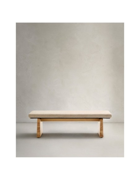 Banco Topaz de chenilla beige y madera maciza de fresno con acabado natural 150cm FSC 100% - Kave Home