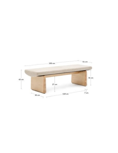 Banco Topaz de chenilla beige y madera maciza de fresno con acabado natural 150cm FSC 100% - Kave Home