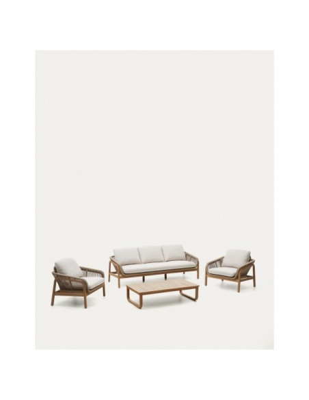 Set Vellana sofá 3 plazas, 2 sillones y mesa centro madera maciza acacia FSC 100% cuerda beige - Kave Home